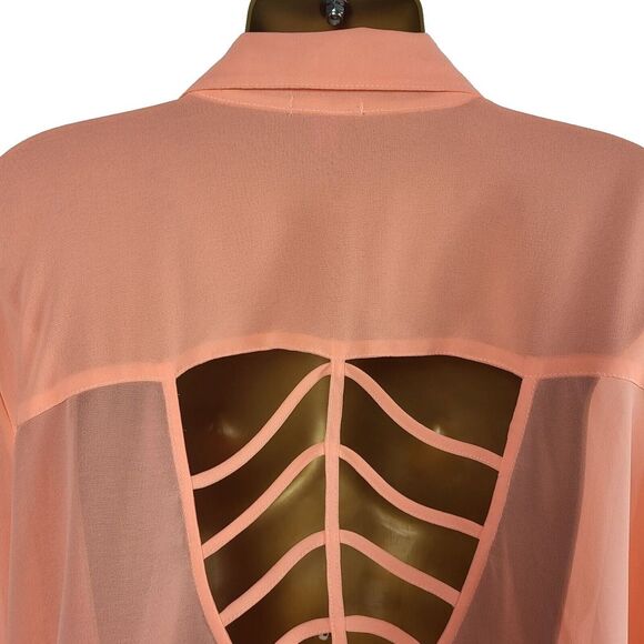 Bongo Plus Size 2X Coral Chiffon Sheer Tunic Back Ladder Cutout Long Sleeve - Picture 11 of 14